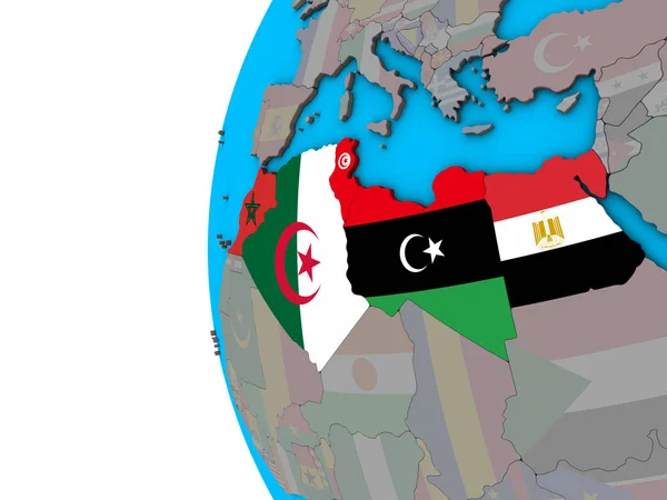 Afrique Nord Avec Des Drapeaux Nationaux Sur Globe Politique Bleu — Photo