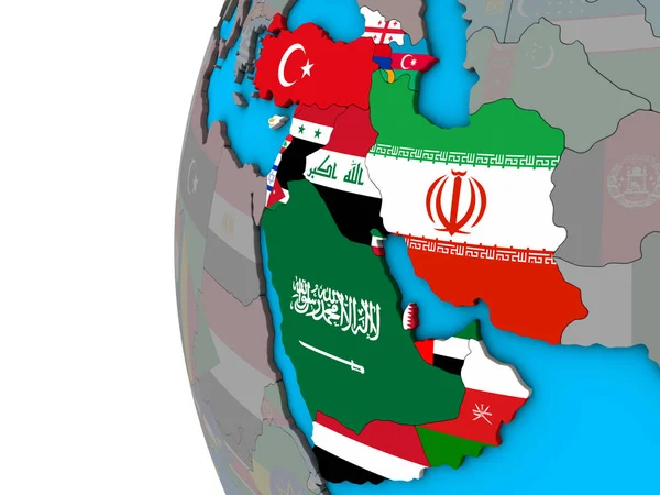 Westasien Mit Nationalflaggen Auf Blauem Politischen Erdball Illustration — Stockfoto