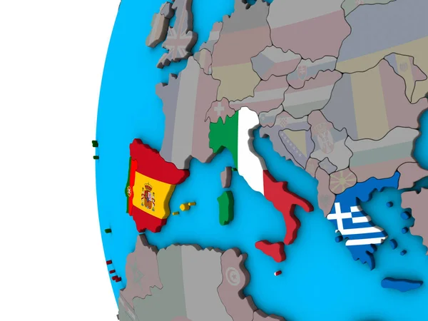 Dél Európa Nemzeti Zászlókkal Kék Politikai Földgömb Illusztráció — Stock Fotó