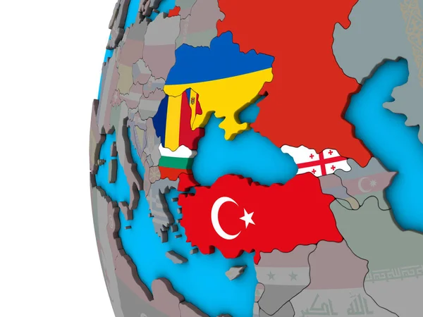 Schwarzmeerregion Mit Nationalflaggen Auf Blauem Politischen Globus Illustration — Stockfoto