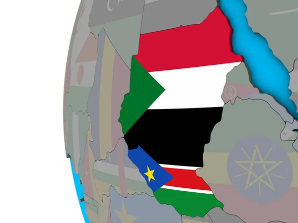 Sudão Com Bandeiras Nacionais Globo Político Azul Ilustração — Fotografia de Stock