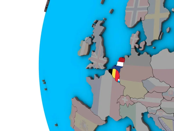 Benelux Union Avec Des Drapeaux Nationaux Sur Globe Politique Bleu — Photo