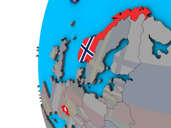 欧洲自由贸易联盟国家在蓝色政治3D 地球上国旗 — 图库照片