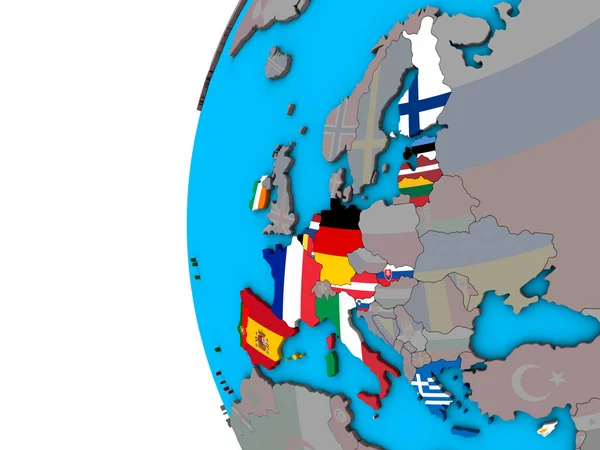 欧元区成员国在蓝色政治3D 地球上拥有国旗 — 图库照片
