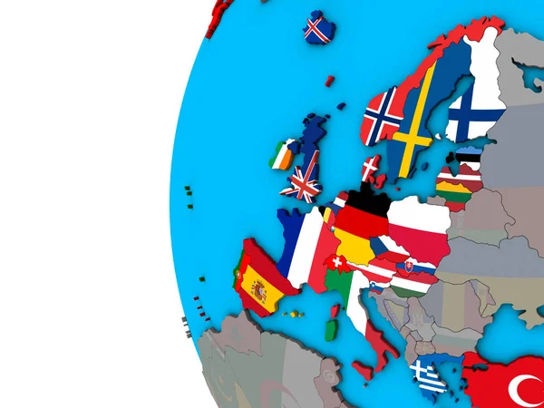 Mavi siyasi 3d dünya Ulusal bayrakları ile OECD Avrupa ülkeleri. 3D çizim.