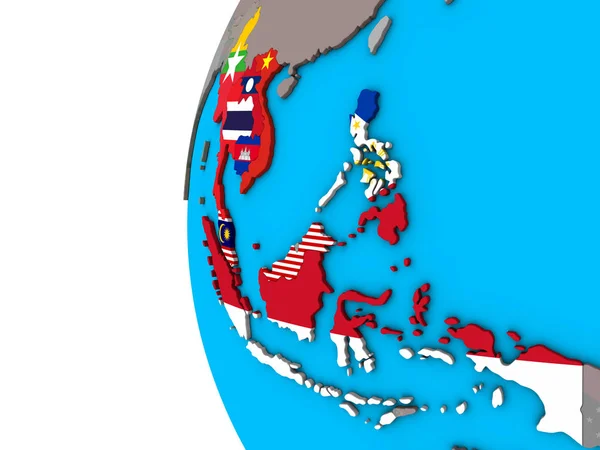 Stati Memeber Asean Con Bandiere Nazionali Sul Globo Blu Politico — Foto Stock