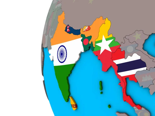 Bimstec Medlemsstater Med Nationsflaggor Blå Politiska Klot Illustration — Stockfoto