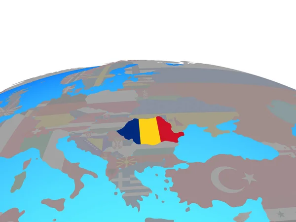 罗马尼亚与政治的地球上的国旗 — 图库照片