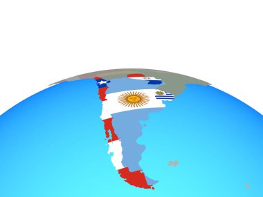 Southern Cone siyasi dünya Ulusal bayrakları ile. 3D çizim.