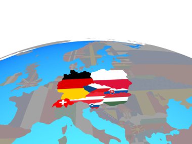 Orta Avrupa ile siyasi dünya Ulusal bayrakları. 3D çizim.