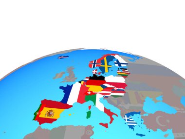 Schengen alanı üyeleri siyasi dünya Ulusal bayrakları ile. 3D çizim.