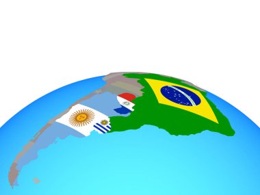 Mercosur memebers siyasi dünya Ulusal bayrakları ile. 3D çizim.