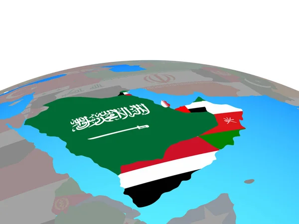 Arabia Con Bandiere Nazionali Sul Globo Politico Illustrazione — Foto Stock