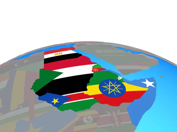 Noordoost Afrika Met Nationale Vlaggen Politieke Wereldbol Illustratie — Stockfoto