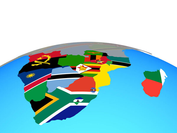 Southern Africa with national flags on political globe. 3D illustration.
