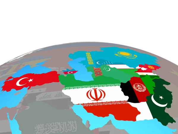 Öko Mitgliedsstaaten Mit Nationalflaggen Auf Dem Politischen Globus Illustration — Stockfoto