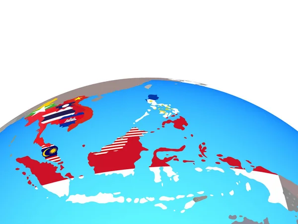 Stati Memeber Asean Con Bandiere Nazionali Sul Globo Politico Illustrazione — Foto Stock