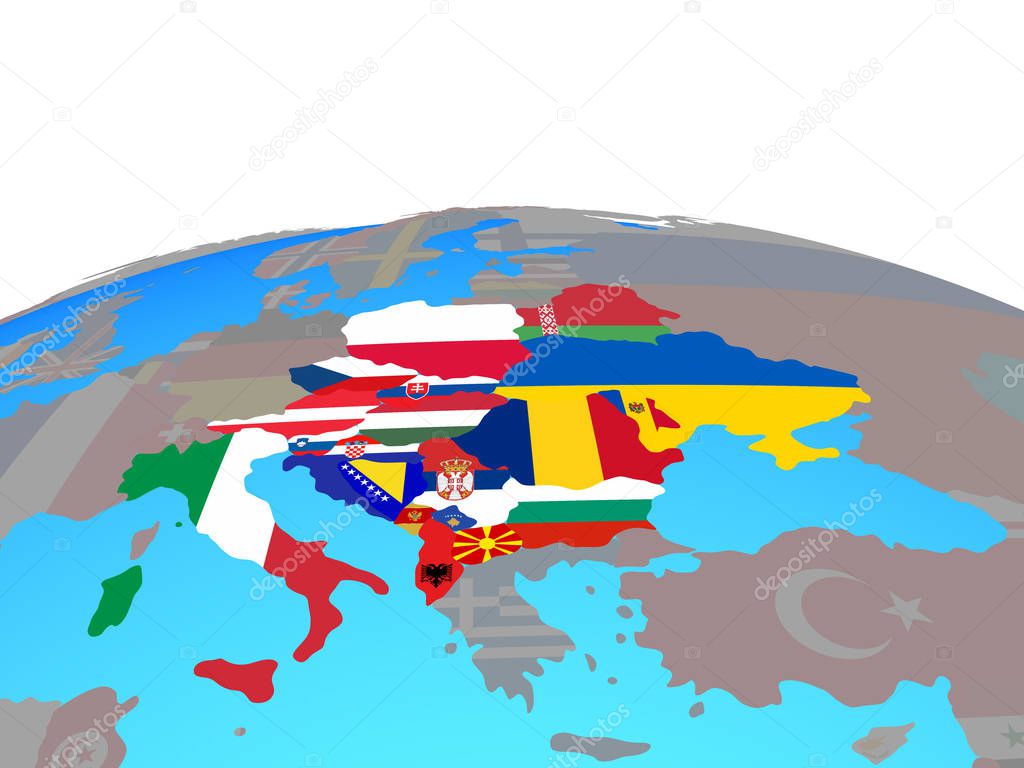 CEI countries with national flags on political globe. 3D illustration.