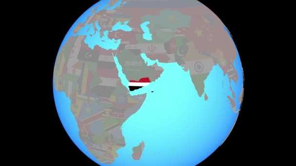 Zoom a Yemen con la bandera en el mapa — Vídeos de Stock