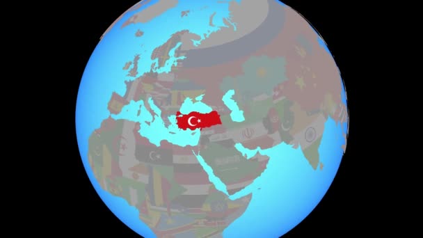 Zoom to Turkey with flag on map — Stock Video