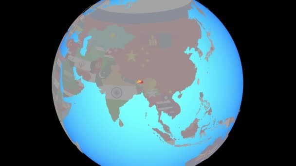 Zoom to Bhutan with flag on map — стоковое видео