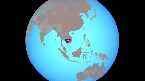 Збільшення до Камбоджі з прапором на карті. — стокове відео