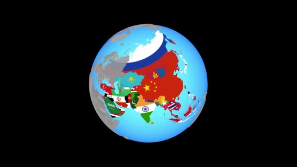 Zoom in Asia con le bandiere sulla mappa — Video Stock