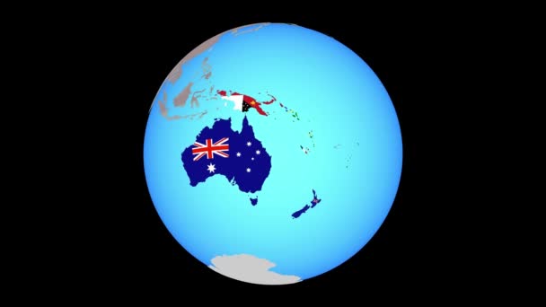 Zoom a Australia con banderas en el mapa — Vídeos de Stock