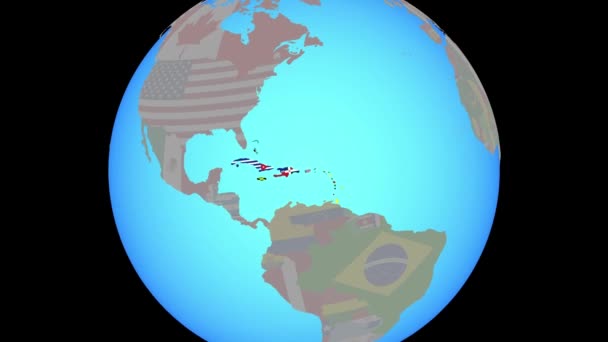 Εστίαση στην Καραϊβική με σημαίες στο χάρτη — Αρχείο Βίντεο