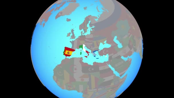 Zoom to Southern Europe z flagami na mapie — Wideo stockowe