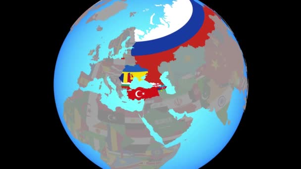 Zoom sur la région de la mer Noire avec drapeaux sur la carte — Video