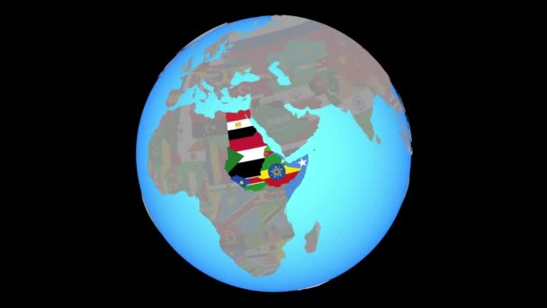 Zooma till Nordöstra Afrika med flaggor på kartan — Stockvideo