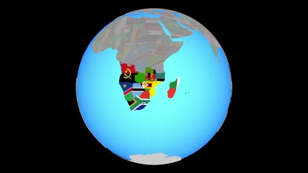 Zoom to Southern Africa with flags on map — Stock Video