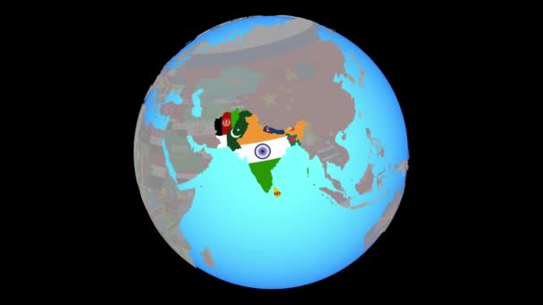 Zoom to South Asia με σημαίες στο χάρτη — Αρχείο Βίντεο