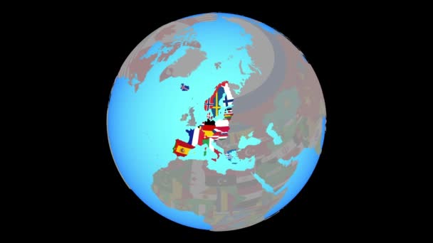 Zoom sur les membres de l'espace Schengen avec drapeaux sur la carte — Video