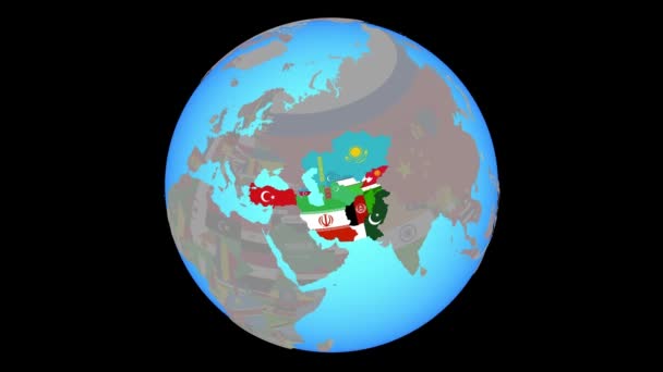 Масштаб на страны-члены ОЭС с флагами на карте — стоковое видео