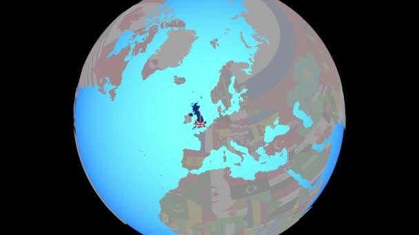 Zoom do Wielka Brytania z flagą na mapie — Wideo stockowe