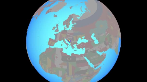 Zoom a Bosnia y Herzegovina con la bandera en el mapa — Vídeos de Stock