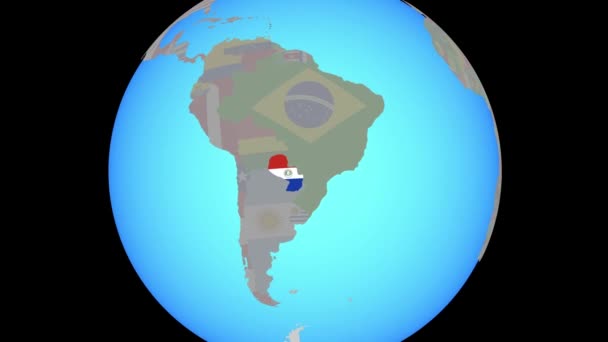 Збільшення до Парагваю з прапором на карті — стокове відео