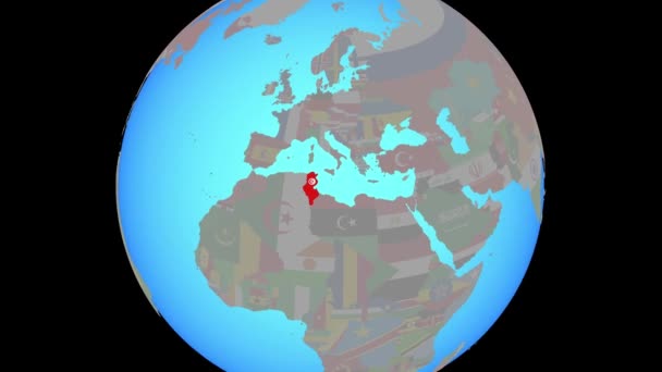Zooma till Tunisien med flagga på kartan — Stockvideo