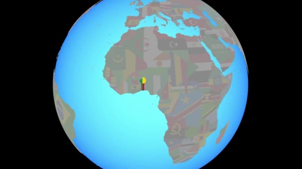 Zoom a Benín con la bandera en el mapa — Vídeos de Stock