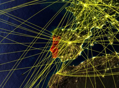 Portekiz modeli bir ağları ile dünya gezegeni uzaydan. Şehir ışıkları ile detaylı gezegen yüzeyinde. 3D çizim. Nasa tarafından döşenmiş bu görüntü unsurları.