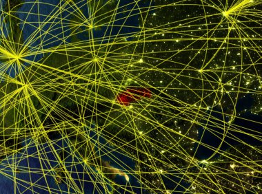 Slovakya modeli bir ağları ile dünya gezegeni uzaydan. Şehir ışıkları ile detaylı gezegen yüzeyinde. 3D çizim. Nasa tarafından döşenmiş bu görüntü unsurları.