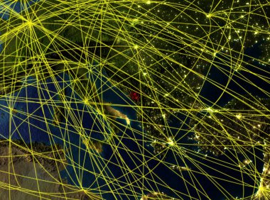 Karadağ modeli bir ağları ile dünya gezegeni uzaydan. Şehir ışıkları ile detaylı gezegen yüzeyinde. 3D çizim. Nasa tarafından döşenmiş bu görüntü unsurları.