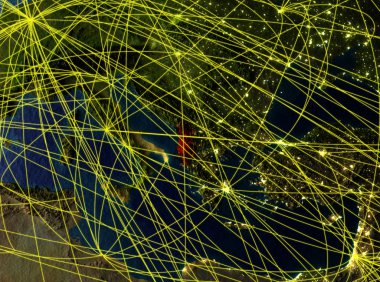Arnavutluk modeli bir ağları ile dünya gezegeni uzaydan. Şehir ışıkları ile detaylı gezegen yüzeyinde. 3D çizim. Nasa tarafından döşenmiş bu görüntü unsurları.