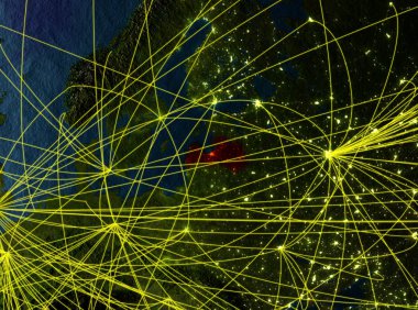 Letonya modeli bir ağları ile dünya gezegeni uzaydan. Şehir ışıkları ile detaylı gezegen yüzeyinde. 3D çizim. Nasa tarafından döşenmiş bu görüntü unsurları.