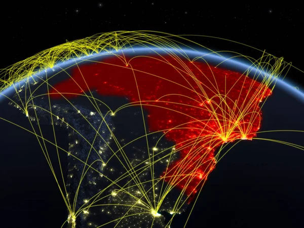 Brasil Planeta Terra Noite Com Rede Internacional Representando Comunicação Viagens — Fotografia de Stock