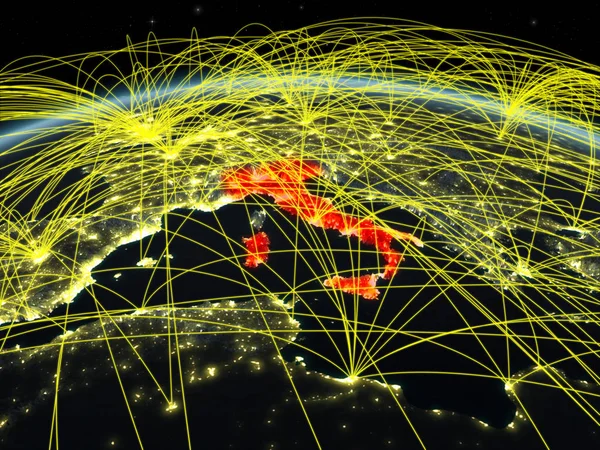 Italia Planeta Tierra Por Noche Con Una Red Internacional Que —  Fotos de Stock