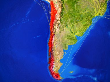 Şili modeli bir ağları ile dünya gezegeni uzaydan. Şehir ışıkları ile detaylı gezegen yüzeyinde. 3D çizim. Nasa tarafından döşenmiş bu görüntü unsurları.