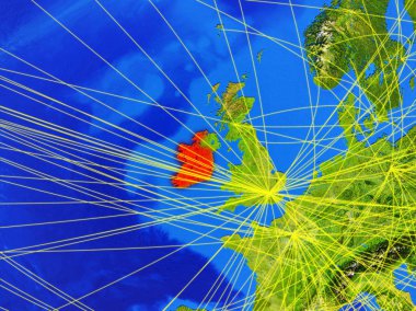 İrlanda modeli bir ağları ile dünya gezegeni uzaydan. Şehir ışıkları ile detaylı gezegen yüzeyinde. 3D çizim. Nasa tarafından döşenmiş bu görüntü unsurları.